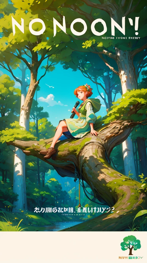 A beautiful girl character with large letters saying "Farewell Anniversary Notification", in the background is an open tree trunk, on top of it there is a microphone and sound equipment. The environment looks like an outdoor park or forest. The style should be 3D cartoon or Pixar-like, with high resolution, in the style of those artists.