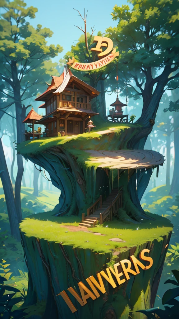 A beautiful girl character with large letters saying "Farewell Anniversary Notification", in the background is an open tree trunk, on top of it there is a microphone and sound equipment. The environment looks like an outdoor park or forest. The style should be 3D cartoon or Pixar-like, with high resolution, in the style of those artists.