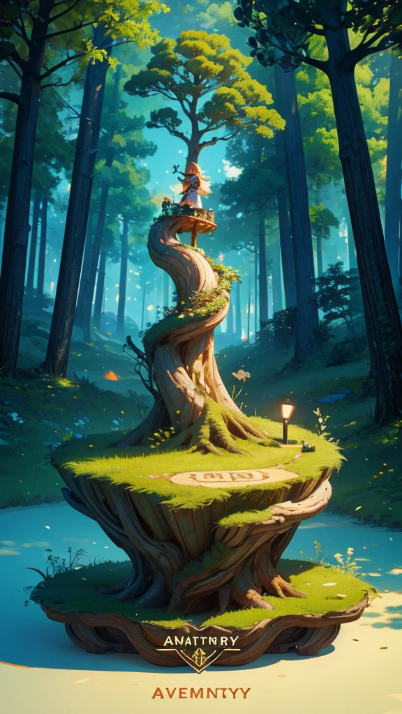 A beautiful girl character with large letters saying "Farewell Anniversary Notification", in the background is an open tree trunk, on top of it there is a microphone and sound equipment. The environment looks like an outdoor park or forest. The style should be 3D cartoon or Pixar-like, with high resolution, in the style of those artists.