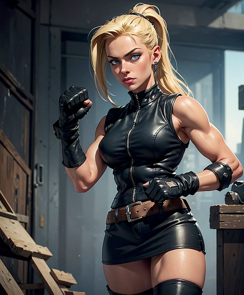 (((Full-length shot))),((Best quality)), ((masterpiece)), (detailed),muscular build and medium breasts .., wears an open black leather vest.., black leather gloves, a short skirt and heavy boots. She has a punk rock look and blonde hair pulled back into a ponytail.Hyper-realistic close-up photo of Cammy, blue eyes,(Photorealism: 1.4), Create dystopian masterpieces. Post-apocalyptic world. Pay attention to small details, sharp focus. The palms of the hands are clenched into fists.