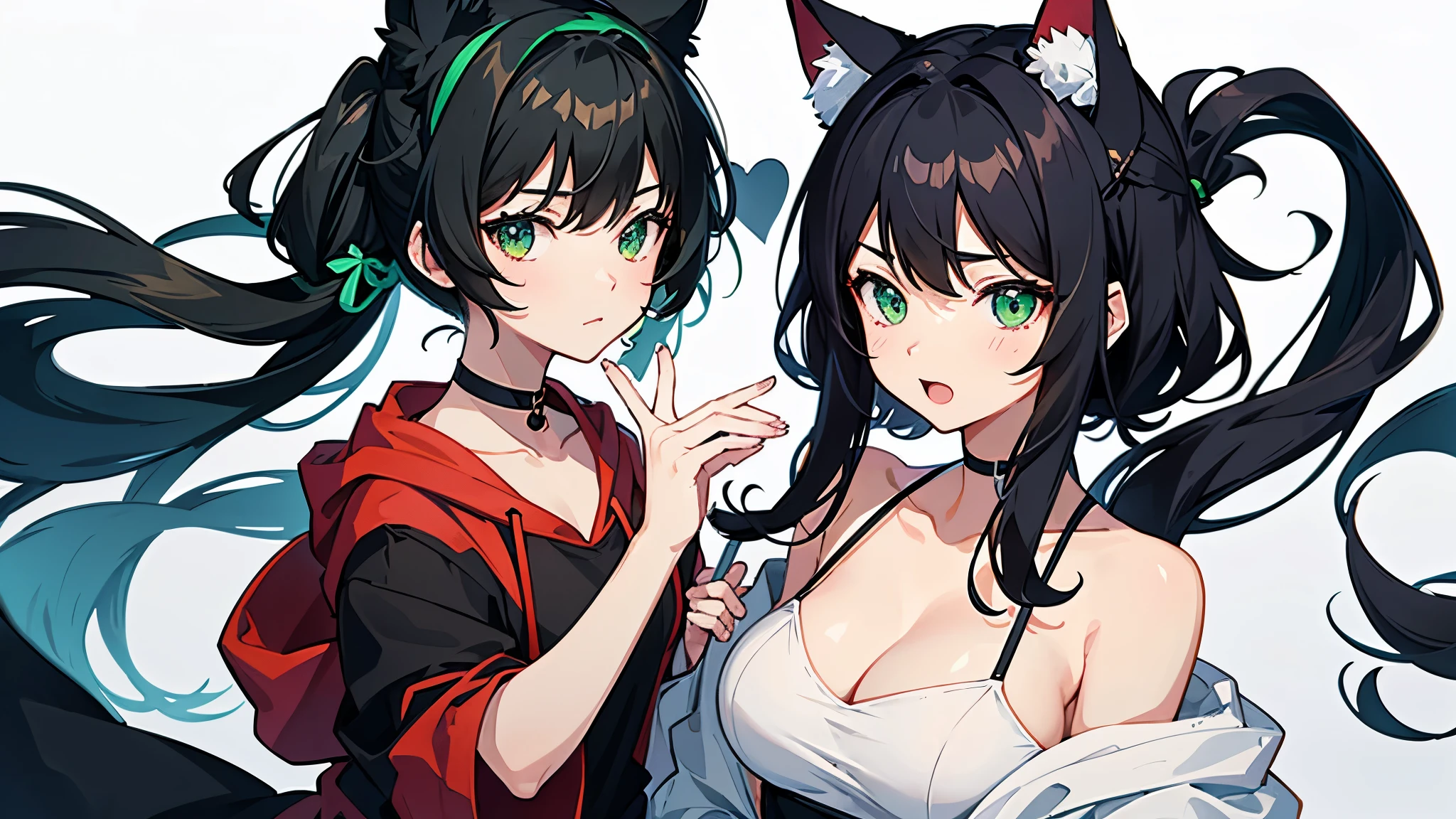 Create an anime-style illustration of a cute character with short black hair and green eyes。The character is wearing a black hoodie and a cat ear headband.、The headband has a small red bow。The character is holding a stuffed cat.、The overall feel is playful.。The facial expression shows surprise and joy.、It emphasizes the overall cute and lively atmosphere.。