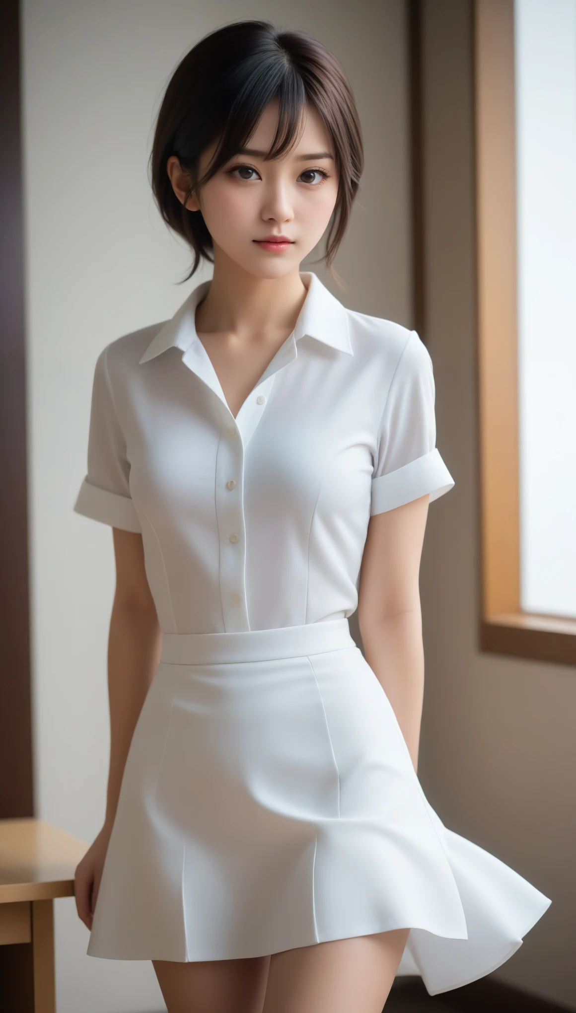 8k, Ultra-high resolution, Highest quality, masterpiece, 三分割法によるphotograph,Surreal, photograph, 1 Girl, (:1.3), pretty girl, Cute Face, Beautiful eyes in every detail, 細かくdetailedに,masterpiece,One Girl:1.2,Japanese female announcer,upper body,annoyed,Black short hair,Messy hair,White collared shirt,Pencil Skirt, Look forward, Standing posture, Opposition, Dynamic Lighting,Hotel room、 Sharp contours, Light from above, Low contrast, (Side view),Perfect and beautiful face ,完璧でCute Face, Skin with attention to detail, Perfect limbs、Narrow waist,Looking at the audience,(((Ideal body type))),A cup small breasts :2,Portraiture:2,Perfect Anatomy,鮮明なdetailed,detailed,Surreal,Light and shadow,darkness