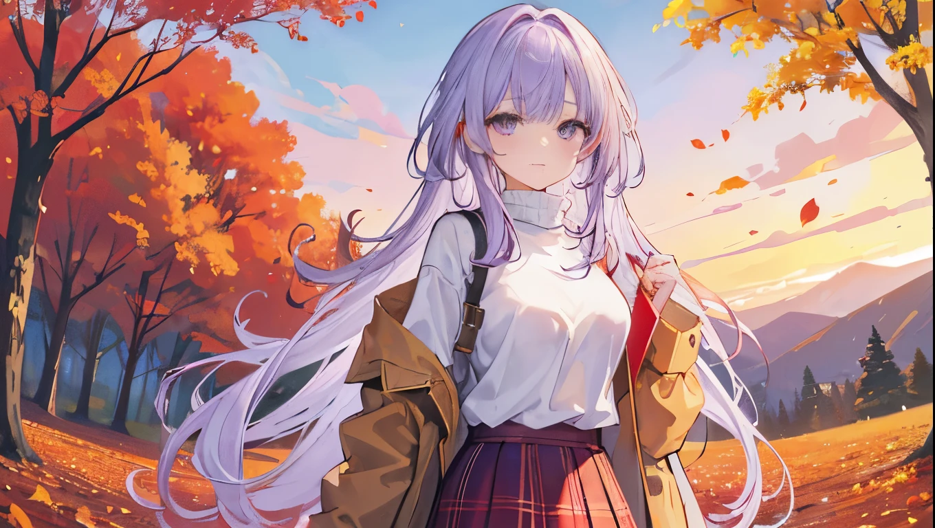 absurdres, highres, masterpiece, best quality, ultra-detailed 8k wallpaper, (detailed beautiful face):1.2, (detailed beautiful eyes)1:1,"Create a high-quality, anime-style illustration of a young woman in a picturesque autumn setting. She has long, flowing hair that catches the gentle autumn breeze, and her eyes are large and expressive, reflecting the warm hues of the season. She wears a stylish autumn outfit consisting of a cozy sweater, a plaid skirt, and a light jacket. She carries a basket filled with colorful fallen leaves and autumn fruits. The background features a scenic park with trees showcasing vibrant shades of red, orange, and yellow. The ground is covered in a blanket of fallen leaves, and the sky is clear with the soft golden light of the setting sun. The color palette should include rich reds, oranges, yellows, and browns to capture the warmth and beauty of the autumn season. Ensure the overall image exudes a sense of comfort and nostalgia, capturing the essence of a serene autumn day."(40 years old:1.4) 、(1 woman:1.4)、(Light purple hair:1.4),tareme、(straight long hair:1.7), Sexy white thick sweater with a view of your stomach,medium breasts,(droopy eyes:1.2)、Cheek dyeing、(purple right eye:1.4),(red left eye:1.4) 、(Eyeshadow:1.3)、(blush:1.2)、light smile、full body、BREAK (very wide:1.3),(panorama view:1.3),(sense of depth:1.5),(long shot:1.3),(magnificent view:1.3)