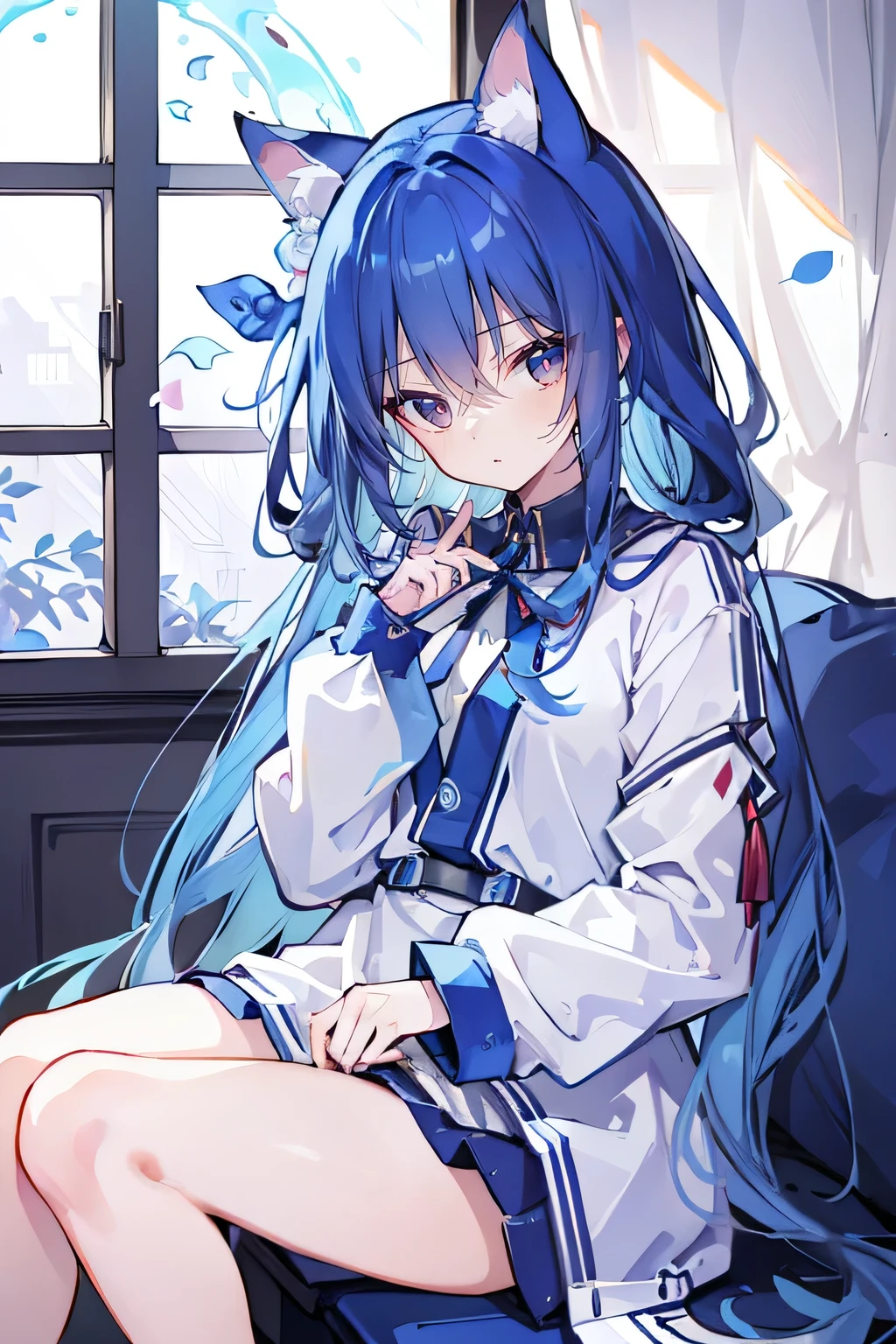 (Masterpiece:1.2)，White tracksuit，Ultra-detailed，lifelike，The eyes are expressive，Fair skin，Perfect face shape，1 girl，Japanese Manga，Gorgeous blue hair，Flowing blue hair，Flowing clothes，Cat ears，Petals falling，Shy face，sitting on window，Place your hand on your lips.