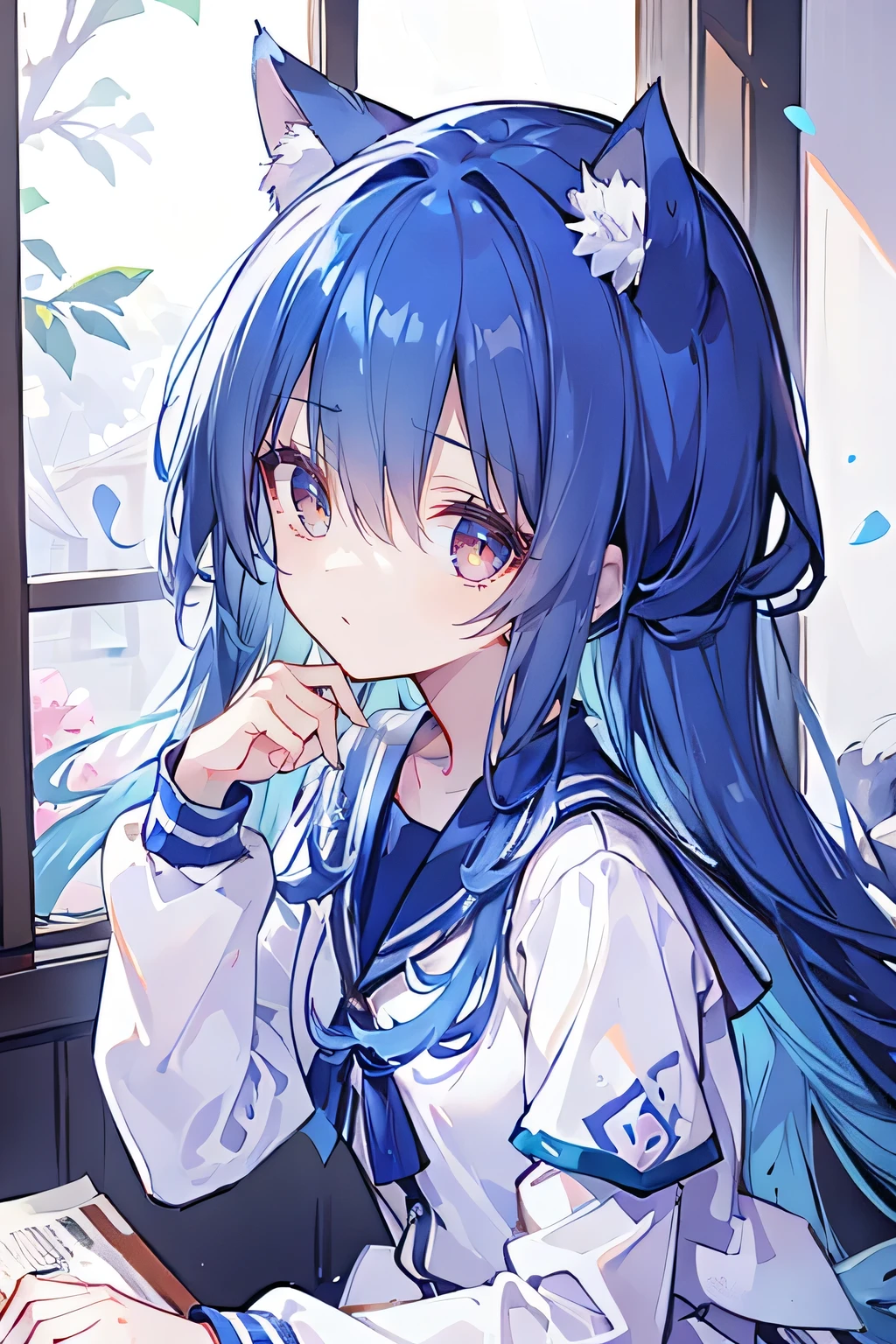 (Masterpiece:1.2)，White tracksuit，Ultra-detailed，lifelike，The eyes are expressive，Fair skin，Perfect face shape，1 girl，Japanese Manga，Gorgeous blue hair，Flowing blue hair，Flowing clothes，Cat ears，Petals falling，Shy face，sitting on window，Place your hand on your lips.