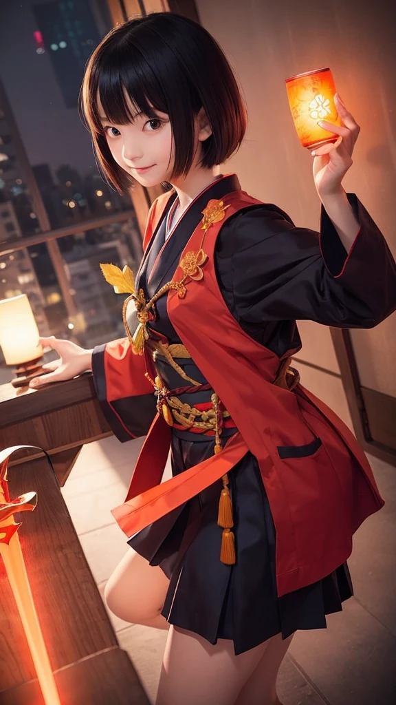 Kimono-like school uniform、girl、Makai Toshi Dark Orange Short Bob、Smirk、cute、s old、Holding a glowing red sword、