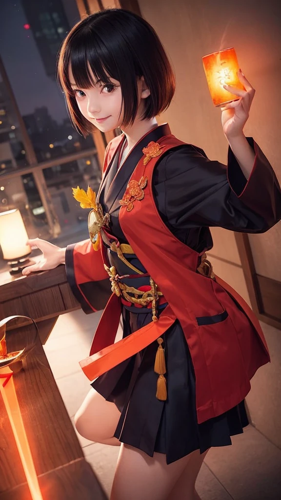 Kimono-like school uniform、girl、Makai Toshi Dark Orange Short Bob、Smirk、cute、15 years old、Holding a glowing red sword、