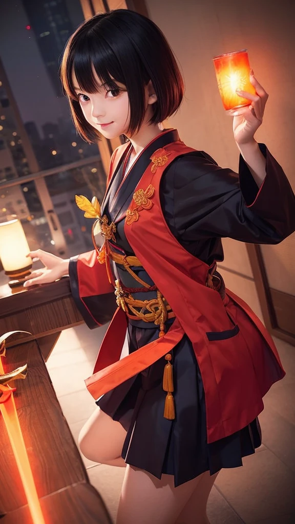 Kimono-like school uniform、girl、Makai Toshi Dark Orange Short Bob、Smirk、cute、15 years old、Holding a glowing red sword、