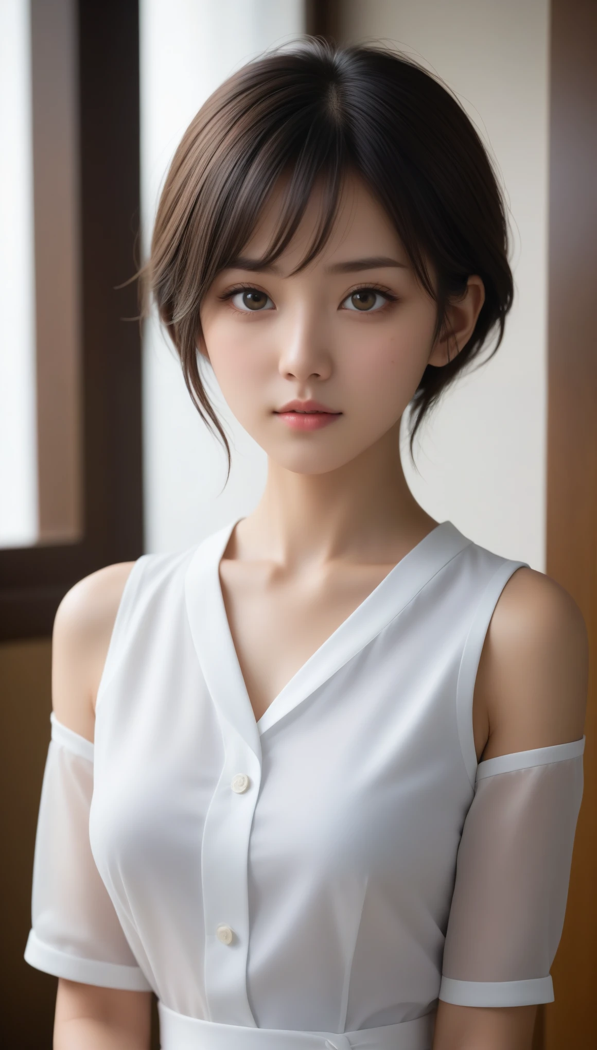 8k, Ultra-high resolution, Highest quality, masterpiece, 三分割法によるphotograph,Surreal, photograph, 1 Girl, (16 years old:1.3), pretty girl, Cute Face, Beautiful eyes in every detail, 細かくdetailedに,masterpiece,One Girl:1.2,Japanese female announcer,upper body,annoyed,Black short hair,Messy hair,White collared shirt,Pencil Skirt, Look forward, Standing posture, Opposition, Dynamic Lighting,Hotel room、 Sharp contours, Light from above, Low contrast, (Side view),Perfect and beautiful face ,完璧でCute Face, Skin with attention to detail, Perfect limbs、Narrow waist,Looking at the audience,(((Ideal body type))),A cup small breasts :2,Portraiture:2,Perfect Anatomy,鮮明なdetailed,detailed,Surreal,Light and shadow,darkness