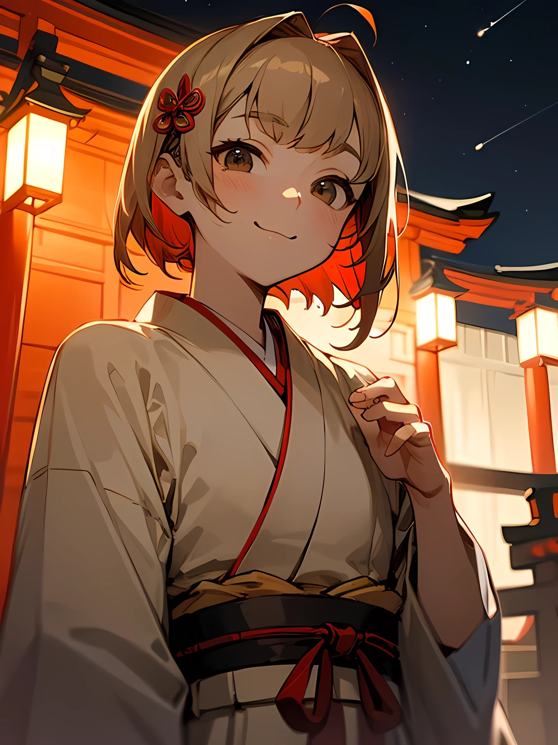 (Looking up at the night sky),close up face:0.6,model pose,solo, upperbody, (beige color medium hair), asymmetrical bangs, long tied sideburns, white Japanese clothes, Japanese-style white mini pants, red obi,smile, red ribbon hair ornament, evening, Japanese shrine, precincts,Cute atmosphere, thinking