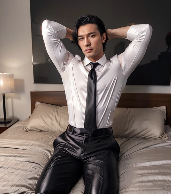 30 years old,daddy,"shiny suit",wear a white sleeved shirt and tie.., bodice, very glossy pants, necktie, shiny satin trousers,dark gray satin fabric ,lying provocatively on the bed,  k hd,in the office,"big muscle" ,black hair,asia face,masculine,strong man,the boss is,handsome,lecherous dad,look straight ahead,dad is handsome,dad is handsome, dad is "horny daddy",asian,sperm,sexy,black pants, short gmasculine hairstyle,masterpiece