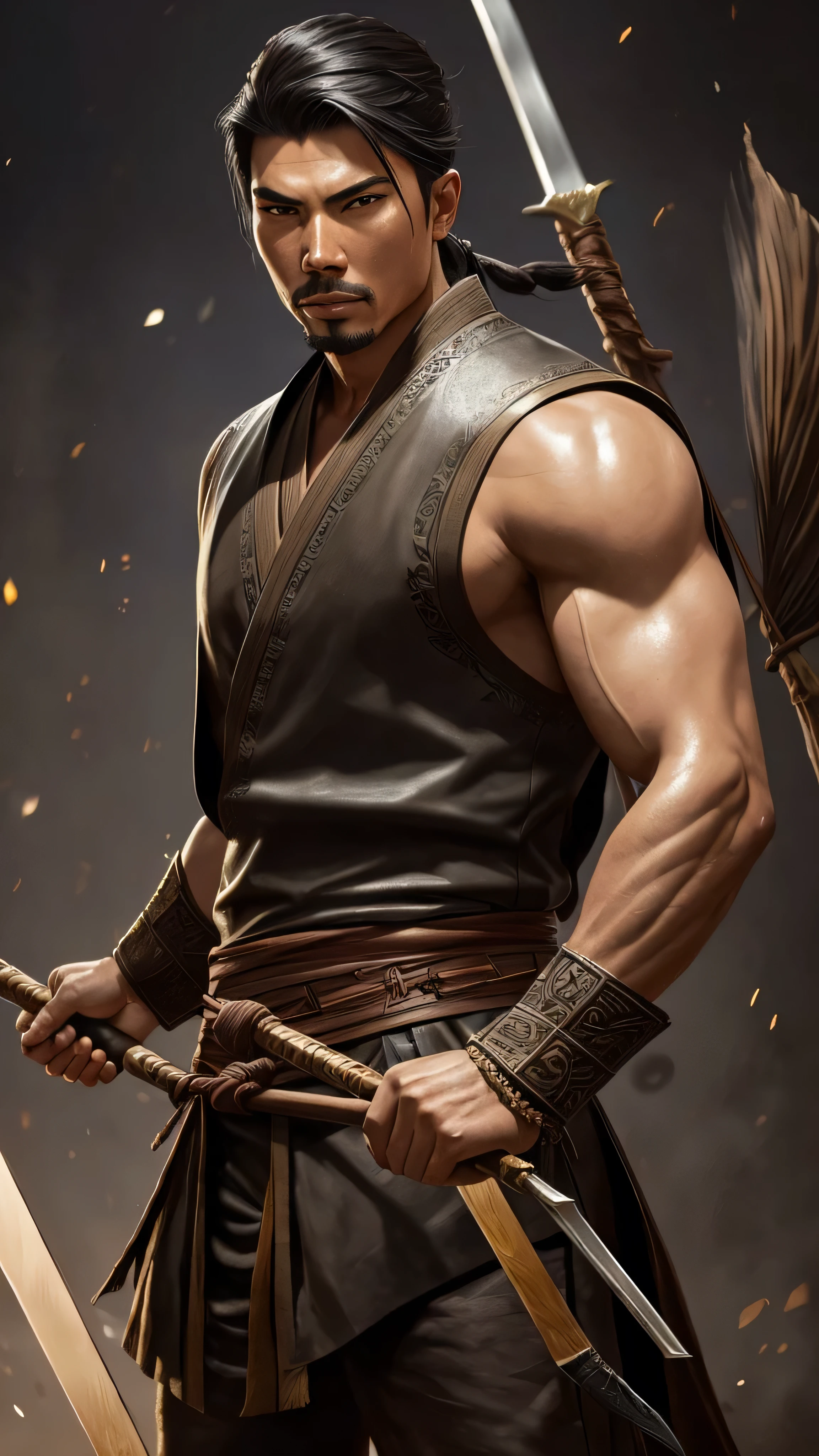 (Lewis Tan) as Kung Jin from Mortal Kombat, black long ponytail, dark brown traditional martial arts sleeveless vest, dark brown traditional martial arts pants, dark brown loincloth, hoding (bow), (arrows), (bronze helmet), (insanely detailed, beautiful detailed face, masterpiece, best quality), cinematic lighting, 1man, solo, full body view, front view, looking at viewer, intricate, high detail, sharp focus, dramatic, photorealistic painting art by greg rutkowski