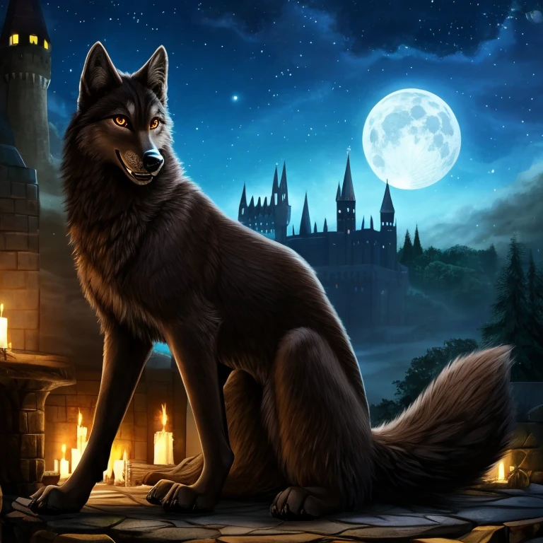 Masterpiece, best quality, high quality, 1Female Wolf, feral, has Dark Brown fur, has Orange eyes, 4k, detailed, (detailed eyes), anime style art, sitting in the Hogwarts indoors, Harry potter world, Castle in the background, (has fluffy tail), skinny, slim build, has long legs and canine paws, long ears, long snout, full body portrait, Anatomically Correct Wolf, happy expression, Night, in the sky the Moon lights, stars on the sky