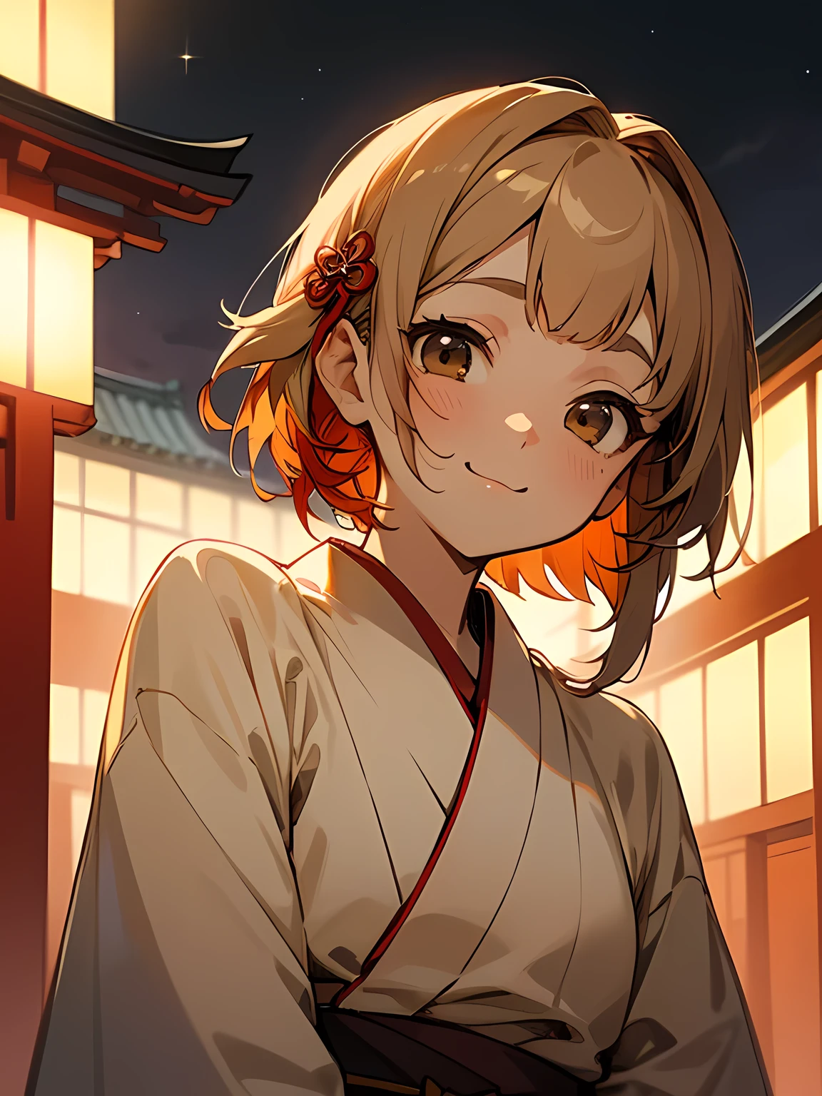 (Looking up at the night sky),close up face:0.6,model pose,solo, upperbody, (beige color medium hair), asymmetrical bangs, long tied sideburns, white Japanese clothes, Japanese-style white mini pants, red obi,smile, red ribbon hair ornament, evening, Japanese shrine, precincts,Cute atmosphere, thinking