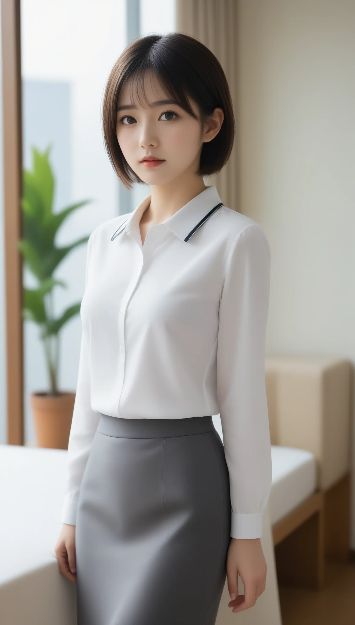8k, Ultra-high resolution, Highest quality, masterpiece, 三分割法によるphotograph,Surreal, photograph, 1 Girl, (:1.3), pretty girl, Cute Face, Beautiful eyes in every detail, 細かくdetailedに,masterpiece,One Girl:1.2,Japanese female announcer,upper body,annoyed,Black short hair,Messy hair,White collared shirt,Pencil Skirt, Look forward, Standing posture, Opposition, Dynamic Lighting,Hotel room、 Sharp contours, Light from above, Low contrast, (Side view),Perfect and beautiful face ,完璧でCute Face, Skin with attention to detail, Perfect limbs、Narrow waist,Looking at the audience,(((Ideal body type))),A cup small breasts :2,Portraiture:2,Perfect Anatomy,鮮明なdetailed,detailed,Surreal,Light and shadow,darkness