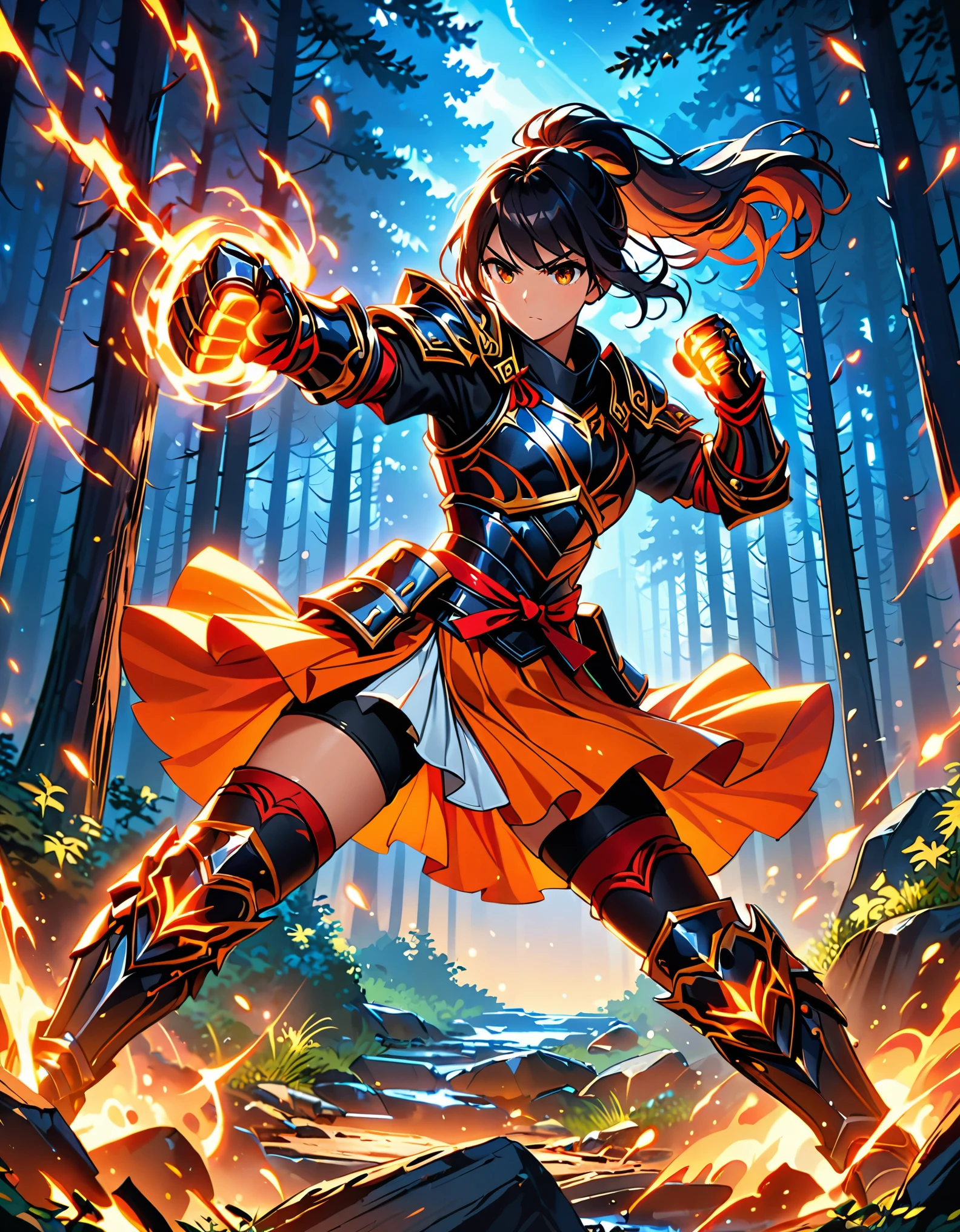 dramatic, gritty, intense, anime character, dynamic fighting pose, 1girl, solo, solo focus, (dark black hair, tied up hairstyle), (wearing black gloves), (wearing samurai armor, armored fist gauntlets, armored boots, thighhigh boots), (wearing a skirt, orange skirt. pleaded skirt), (black biker shorts), modern art, hair covering eyes, (clenched hand, clenched hands), forest, beautiful face, beautiful eyes, (brown eyes), vibrant colors, night, highest quality digital art, Stunning art, wallpaper 4k, 8k, k, HD, unparalleled masterpiece, best quality, full body, dynamic lighting, cinematic, epic, cowboy shot, full body with costume.