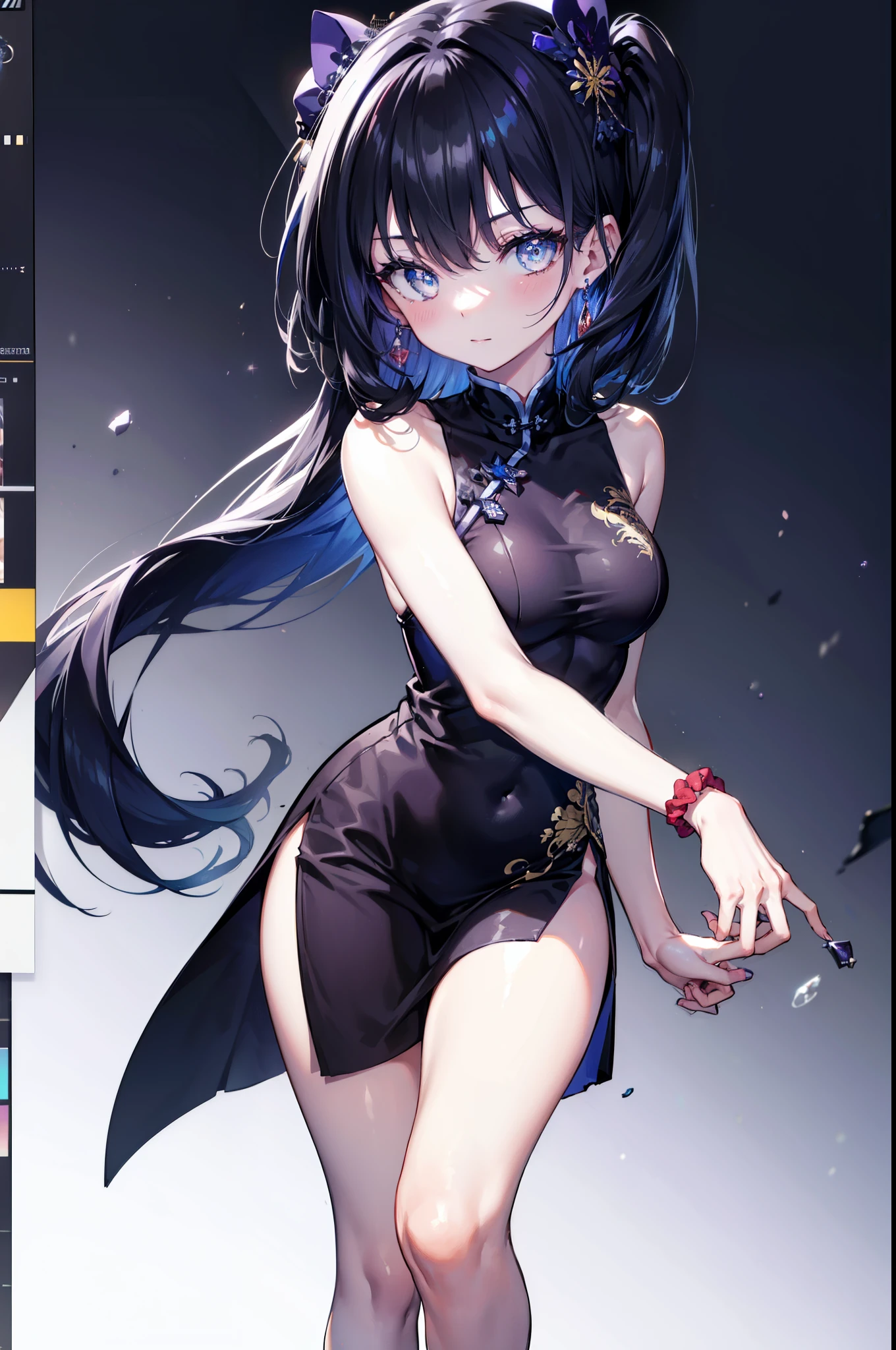Takada Rokka, rich back lane, Black Hair, blue eyes, Long Hair, List scrunchie,smile,blush,Sleeveless purple white Chinese dress,Long slit,Black pantyhose,Stiletto heels,Walking,
break looking at viewer, whole body, break indoors, Chinese style room, break (masterpiece:1.2), Highest quality, High resolution, unity 8k wallpaper, (shape:0.8), (Beautiful and beautiful eyes:1.6), Highly detailed face, Perfect lighting, Highly detailed CG, (Perfect hands, Perfect Anatomy),