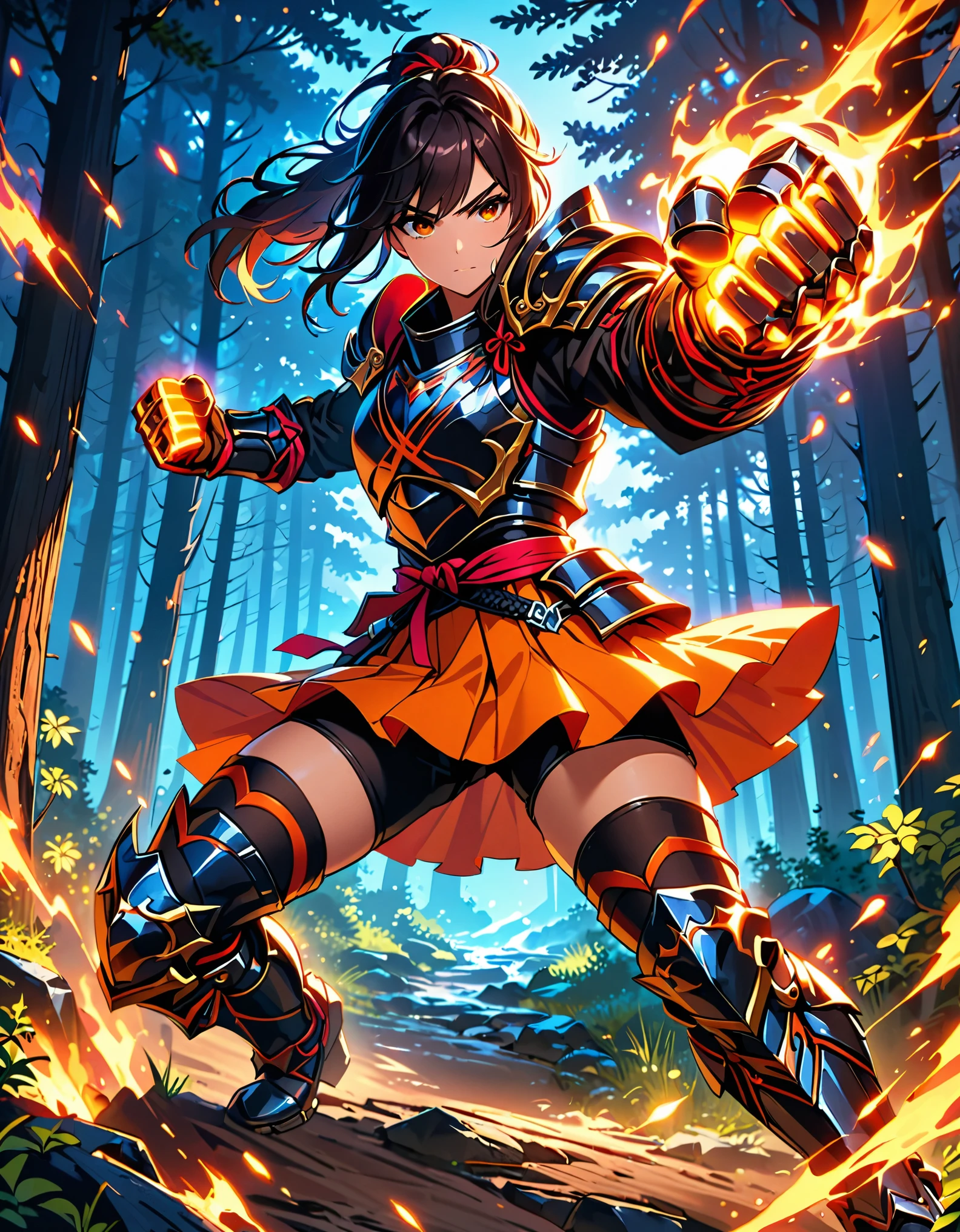 dramatic, gritty, intense, anime character, dynamic fighting pose, 1girl, solo, solo focus, (dark black hair, tied up hairstyle), (wearing black gloves), (wearing samurai armor, armored fist gauntlets, armored boots, thighhigh boots), (wearing a skirt, orange skirt. pleaded skirt), (black biker shorts), modern art, hair covering eyes, (clenched hand, clenched hands), forest, beautiful face, beautiful eyes, (brown eyes), vibrant colors, night, highest quality digital art, Stunning art, wallpaper 4k, 8k, k, HD, unparalleled masterpiece, best quality, full body, dynamic lighting, cinematic, epic, cowboy shot, full body with costume.