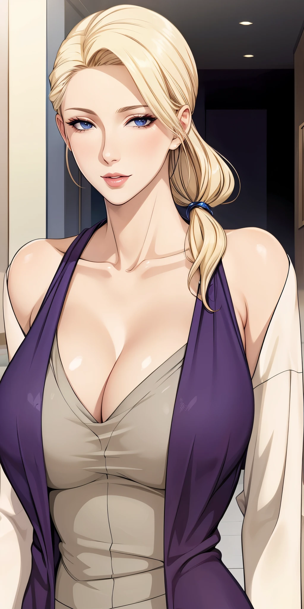 Seductive mature woman, milf, blue eyes, blonde hair, soft light, 4k resolution, high quality, beautiful cg