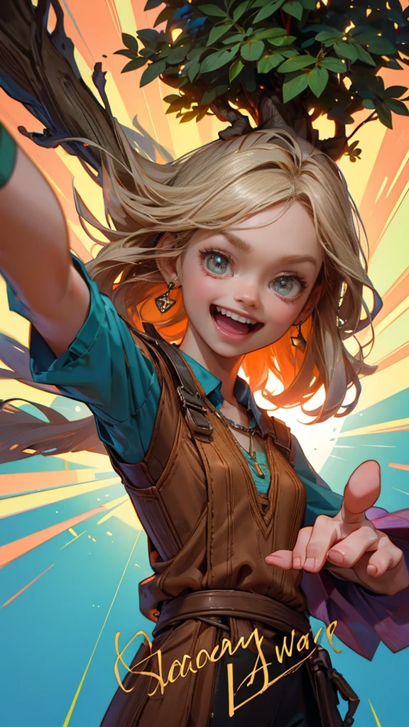 3D illustration of Groot breaking the word "databasezas not kat FU". The beautiful girl character is laughing and holding up his hand with palm facing forward, and in front he has broken wooden slats that spell out words like 'announcment'. There's an old radio on one side and a microphone hanging from above. In the background there is greenery and wood tones. In the style of Pixar.