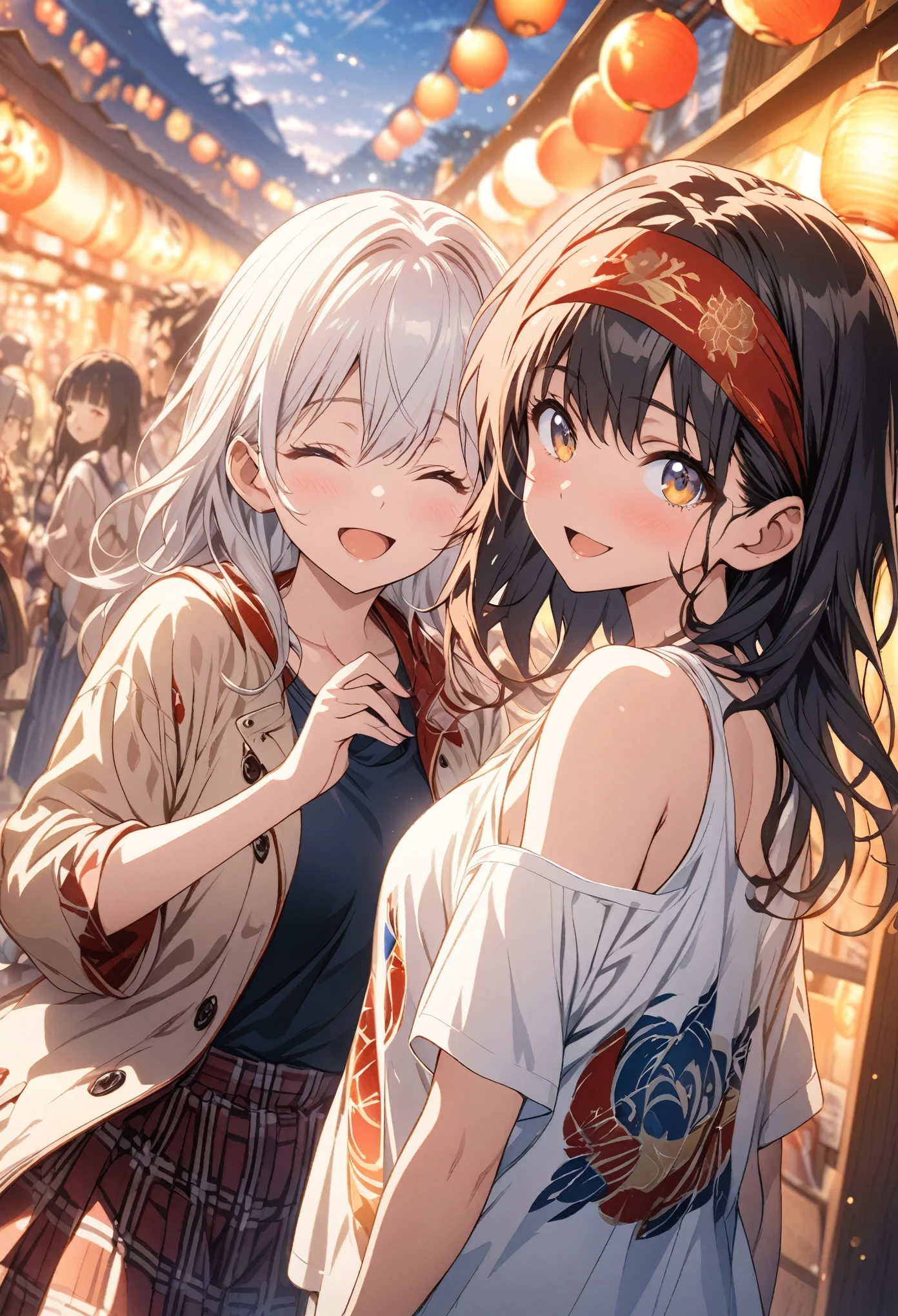Two Girls, Wear a red and blue happi coat over your T-shirt, Festival, Wear a headband on your head, Holding a fan in your hand, masterpiece, Highest quality, Highly detailed CG Unity 8k wallpaper, High School Girl Anime Illustration. Wear an oversized tank top, She is wearing a red and black checked skirt., She closes her eyes and opens her mouth wide, smile. white hair color, Yellow Eyes, Bokeh, Lens flare, The rising sun, Blue pink sky, The background is a realistic shopping street, Bokeh, Out of focus highlights, Dreamy atmosphere, Fascinating Depth, Fantasy,