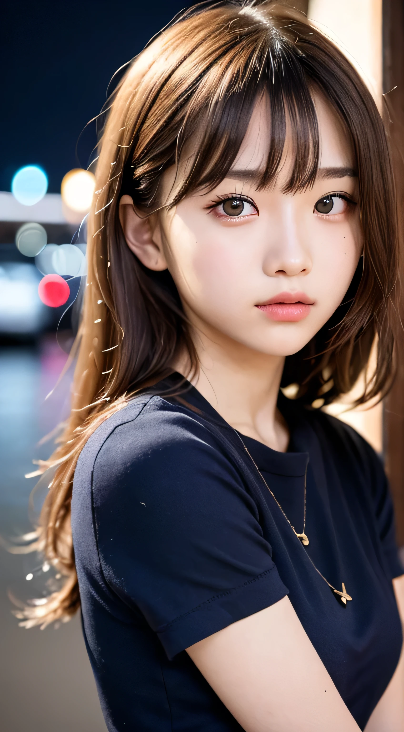 masterpiece, best quality, 8k, , teen, raw photo, absurdres, award winning portrait, solo, night, neon, idol face, violaceaess, gardeniass, delicate girl, upper body, DSLR, looking at viewer, candid, sophisticated, youthful, thin arms, professional lighting, film grain, chromatic aberration, (detailed eyes and face:1.0), (bokeh:1.1)