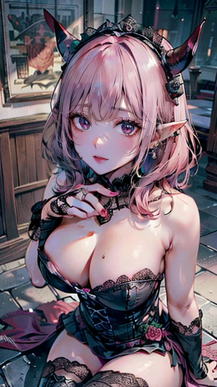 (masterpiece, Highest quality:1.3), (Very detailed:1.2), (hyperRealistic:1.3), (RAW Photos:1.2), High resolution raw color photos, Professional photos, (PhotoRealistic:1.4), (Realistic:1.4), (Pink Hair:1.5), Professional Lighting, Perfect Anatomy, (Big Breasts:1.3), (blush, Detailed face), (Bright smile:1.5), Trending Hair&Trending Hairカラーをランダムに, Earrings, necklace, bracelet, sexy, erotic sexy, ランダムなsexyなグラビアポーズ, (Beautiful cosplayer in a red and black gothic ta dress、Mysterious smile in an old church、Black rose in hand。Lace headdress on head、She is wearing black boots。: 1.3)、Succubus、devil、It has two red horns on its head.、two horns on the head,