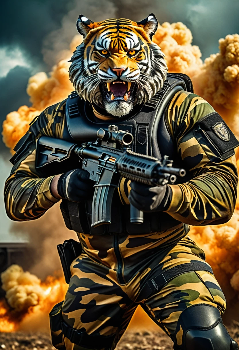 (a dark-skinned bearded fat muscular old man in a bulky army camouflage zipper diver suit) carrying a gun, (wearing realistic roaring tiger mask), dynamic action pose, fierce expression, showcasing an imposing stature, surrounded by military elements, dramatic shadows and intense highlights, cinematic color tones, high detail, powerful, art influenced by Bruce Onobrakpeya and Stanley Artgerm, ultra-detailed, best quality image, action-packed atmosphere, patrolling in a field.