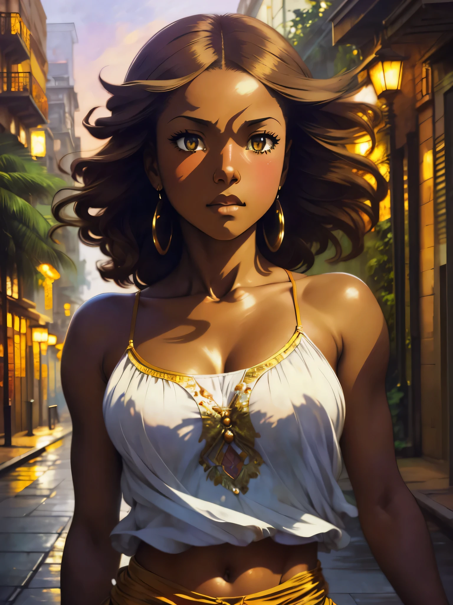((Solo half body Beautiful Caribbean woman with dark skin and striking eyes)),  shadowed interior background, art by akihiko yoshida, manga art style, colorfield illustration, Scary atmosphere, global illumination, by frank frazetta, art by goro fujita, glamour shot, pants and shirt, street dancing, banner, blur, anime key visual, (blue, yellow and grey colors), dramatic photo, anime girl, Intricate details, chiaroscuro, pino daeni, impressionist (best quality, masterpiece)