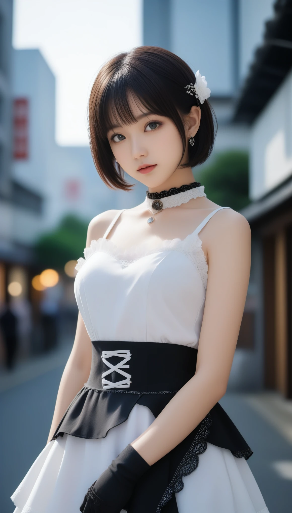 8k, Ultra-high resolution, Highest quality, masterpiece, 三分割法によるphotograph,Surreal, photograph, 1 Girl, (:1.3), pretty girl, Cute Face, Beautiful eyes in every detail, 細かくdetailedに,masterpiece,One Girl:1.2,Japanese female announcer,cowboy shot,Serious expression,Black short hair,Bob with bangs,Maid Android,((Fusion of Gothic Lolita and Lolita fashion:1.3)),bracelet, chest, choker, clavicle, Earrings,Futuristic cityscape ,Perfect and beautiful face ,完璧でCute Face, Skin with attention to detail, Perfect limbs、Narrow waist,Looking at the audience,(((Ideal body type))),Aカップの小さなchest :2,Portraiture:2,Perfect Anatomy,鮮明なdetailed,detailed,Surreal,Light and shadow,glowing