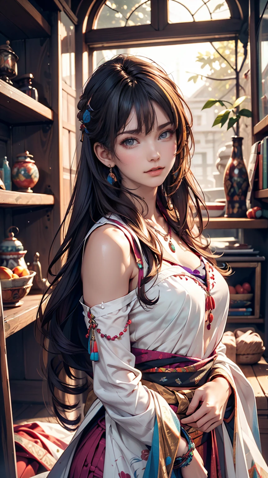(Absurd, High resolution, Super detailed), (One girl:1.3), Twin tails, Purple Hair, break , Glitch Art, Digital Distortion, Pixelated Fragments, Data Corruption, Colorful Noise, Visual clutter, contemporary aesthetics break , Enamel Art, Glass-like surface, Vibrant colors, Glossy finish, Reflective Texture, Richly pigmented, fluid forms break , Ethnic Style, Traditional attire, Vivid patterns, Handmade textiles, Cultural motifs, Beaded Jewelry, Artisan handmade accessories