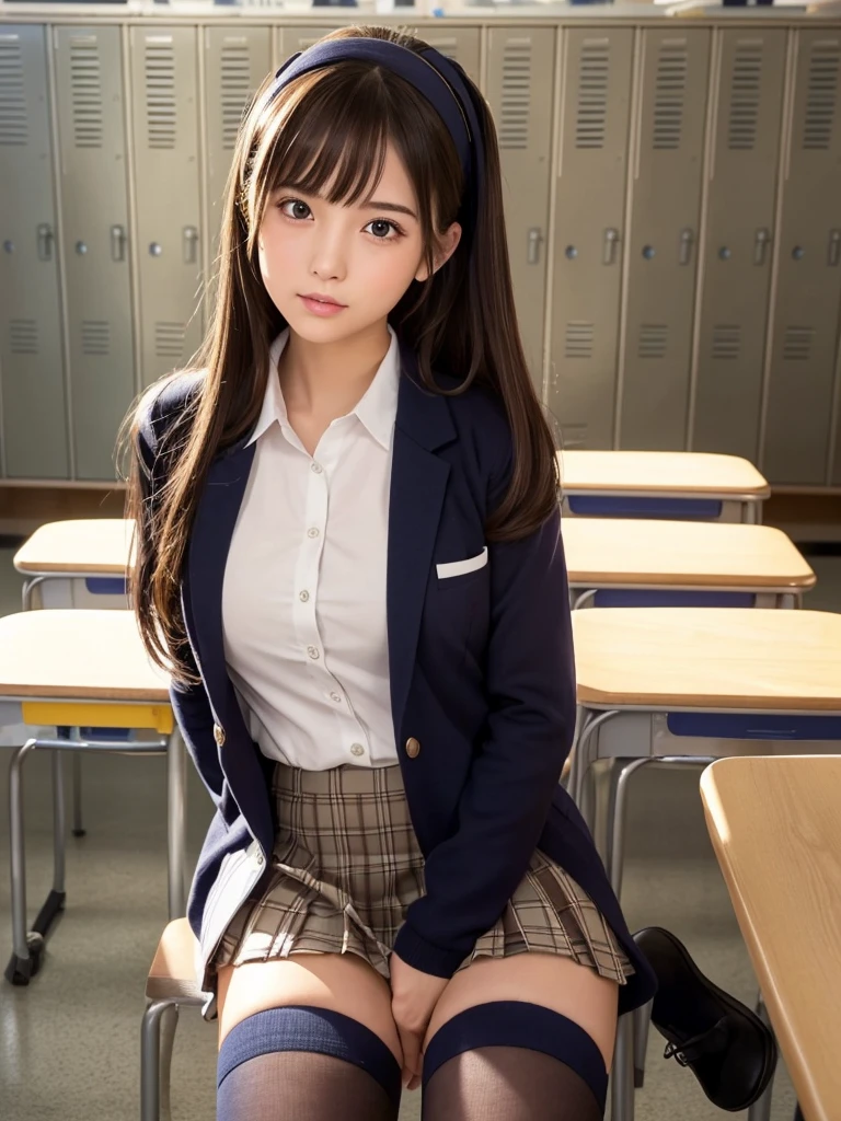 masterpiece,Highest quality,Very detailed,High resolution,(Realistic, photoRealistic:1.37),Excellent anatomy, One beautiful woman,20-year-old,Height: 152cm,high school girl,Crying a little,Gravure idol, high school girlの制服,blazer,(shape),Checkered Pleated Micro Mini Skirt,Navy blue knee-high socks,garter belt,huge,Disheveled uniform,((Very delicate and beautiful)),((High school classroom,locker room,Schoolyard:1.2)),Brown Hair,Long Bob Hair,bangs,Very beautiful face,Cute type,Big Natural Color Lip,Small and cute nose,Big and pretty eyes,Brown eyes,Obvious double,Shiny highlight spots around the eyes,Character Focus,Tilt your head,The best light,Best Shadow,mysterious,Perfect Face,Very detailed, Soft Skin,(Glowing Skin, Sweaty: 1.3),Beautiful feet,Voluptuous thighs,Plump body,hugeな胸,(Expresses the roundness and softness of the chest area.........1), Beautiful body,(The perfect woman),Bold sexy pose,Gravure idolのポーズ