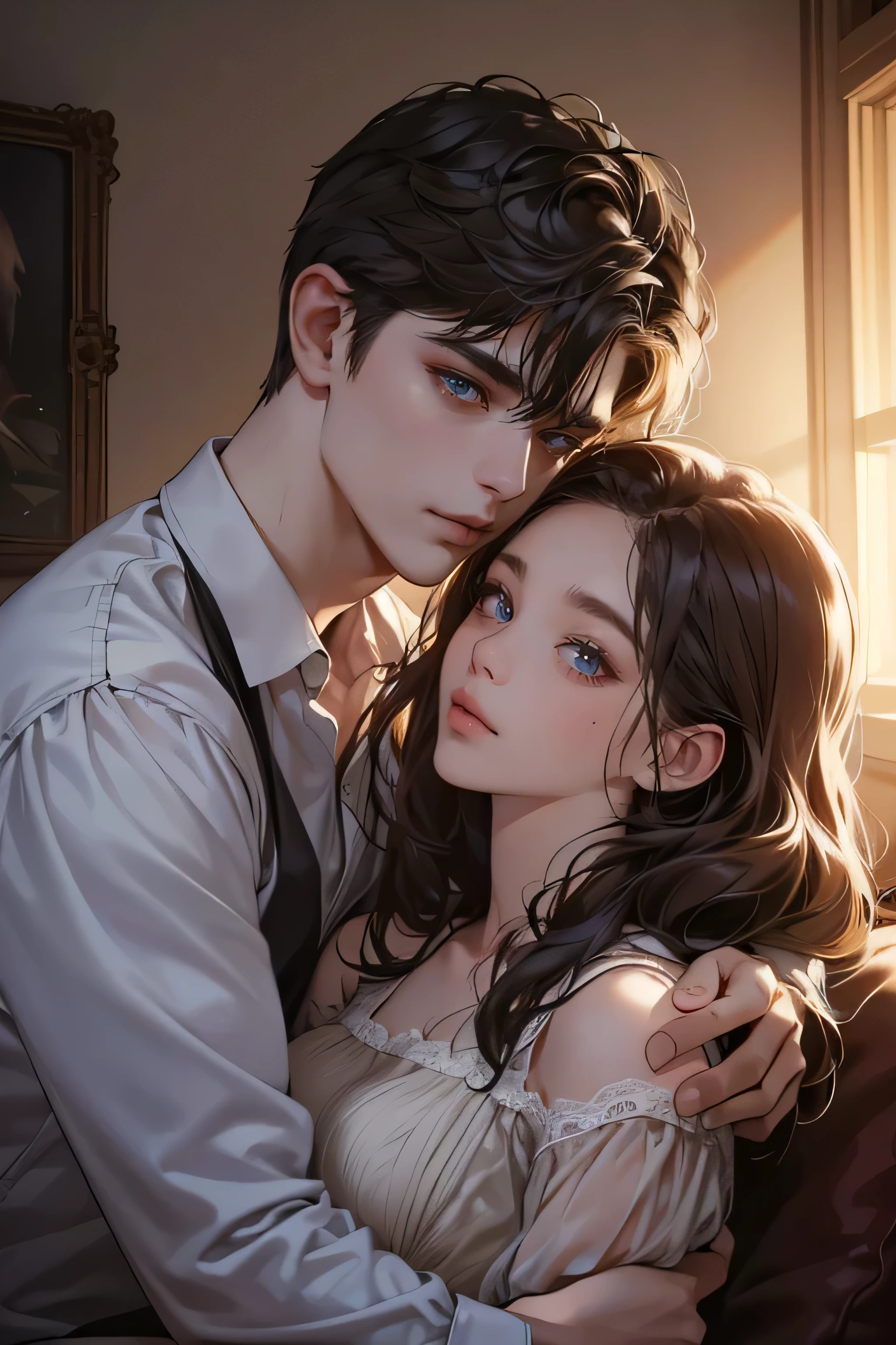 a detailed portrait of a boy and girl cuddling, girl with shoulder-length waved hair, extremely detailed eyes and faces, (best quality,4k,8k,highres,masterpiece:1.2),ultra-detailed,(realistic,photorealistic,photo-realistic:1.37),cinematic lighting,dramatic shadows,warm color palette,romantic atmosphere