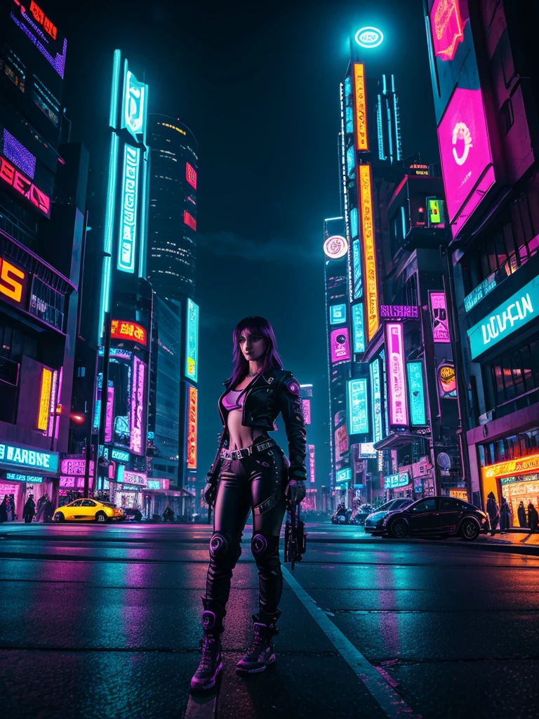 cyberpunk style city,lit with neons,a beautiful cyberpunk girl,of futuristic cyberpunk motorbike