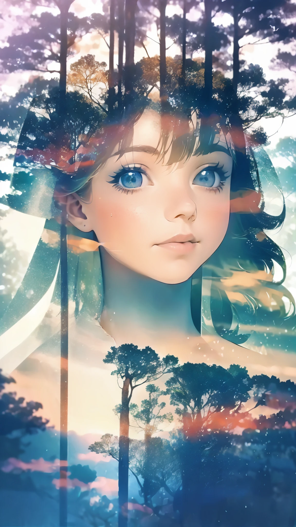 This unique image immerses you in a fantasy setting, Featuring a girl with a big smile, Her dress blends into the dreamy lakeside backdrop, Enhanced with stunning multiple exposure effects.