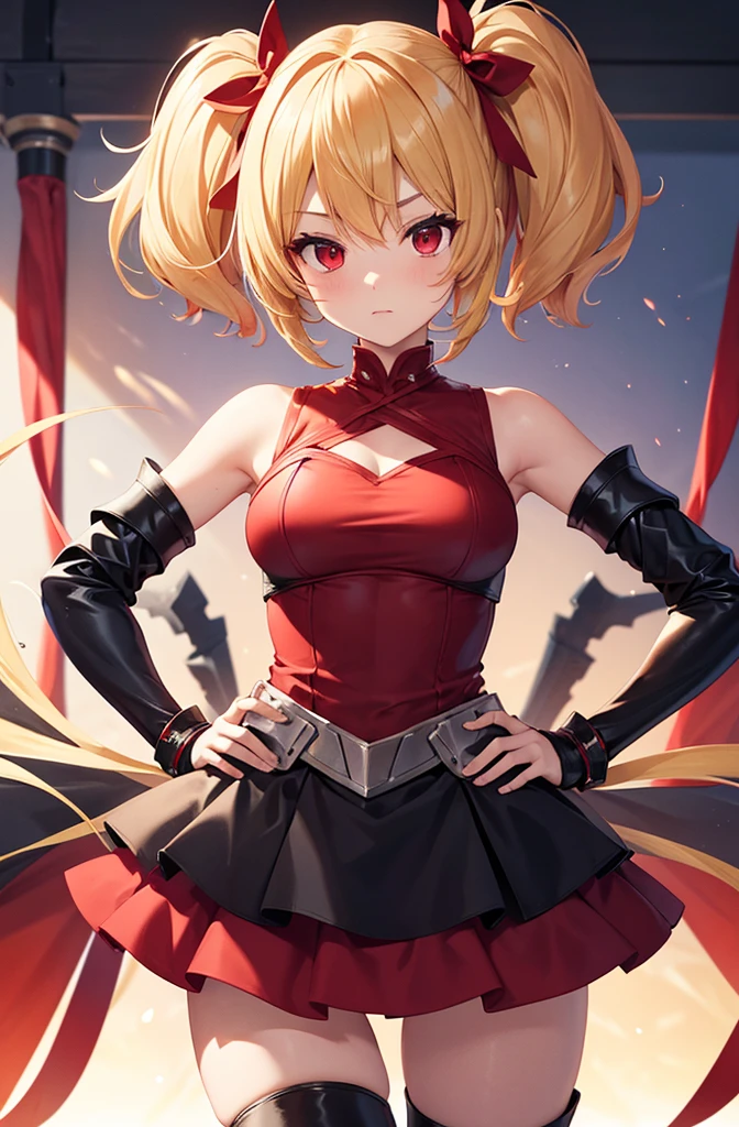Idol-like animated characters High quality of face, Firm eyes. One girl, powerful gaze. Blonde twin-tail short hair, slightly bouncy, red ribbon. White tank top type like combat uniform. Dark red armored leather skirt, armored nightdress dark red arm clothes Long black boots With circular metal fittings, costume She has nothing on her up to the thighs Inside the mansion Notice the face. Red eyes. Five fingers. Both hands. No shadow on background No shadow on background,High quality,High quality