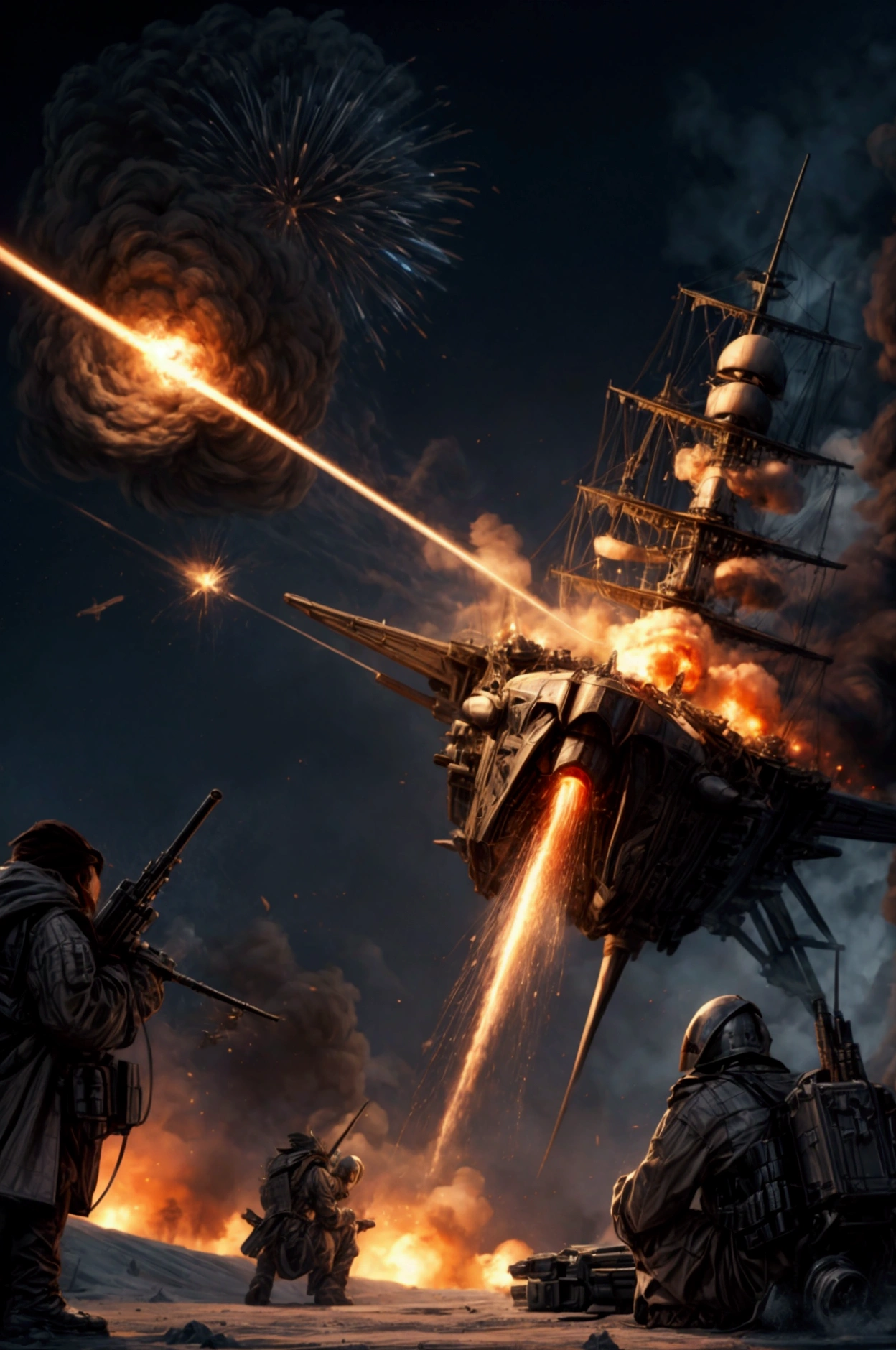 sf,Science and technology of the distant future,Spaceship pirate encounters,
A simultaneous volley of fire when the main guns of the major ships are within range,The artillery battle began,
Attacks by laser beams from each ship&#39;s main guns and defense by planar beam shields,
Dynamic composition,Dramatic Scene,Dynamic Action,
Draw laser beams and explosions in the background,
Super detailed,reality,Actual photo,Photorealistic,Thin contours,
masterpiece,Highest quality,High resolution,Ray Tracing,8k,Raw photo,Award-winning,
beautiful,Browsing Caution,Thin contours,