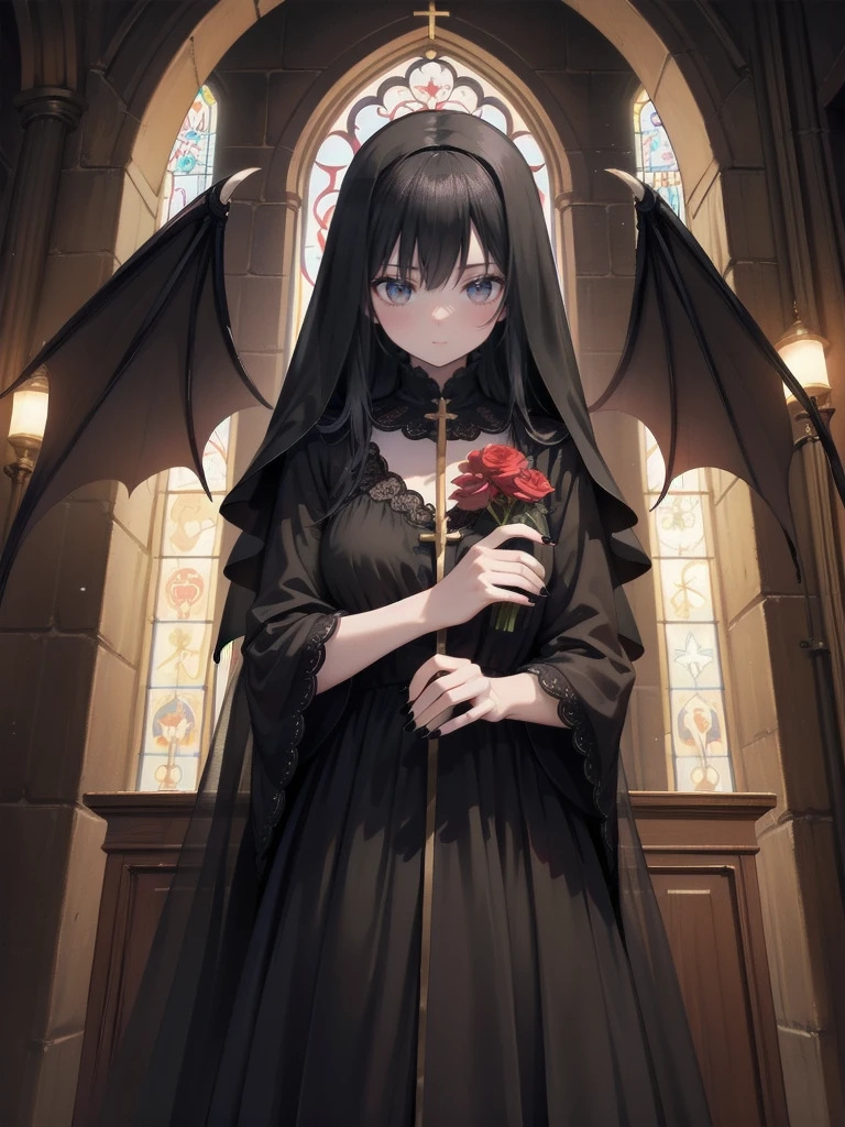 Create an image set with a photorealistic dark chapel, Illuminated only by moonlight, Featuring an anime-style girl character as the central character. She is portrayed as an evil guru., She is wearing a jet black dress with a striking black veil., Pale skin, And long black nails. Her eyes are bright red, Adding to her eerie presence. Pagan God々Surround her with symbols of, Integrating them into the dark chapel environment. The contrast between the realistic chapel and the stylized anime girl should be striking., Emphasizing the integration of various artistic mediums.