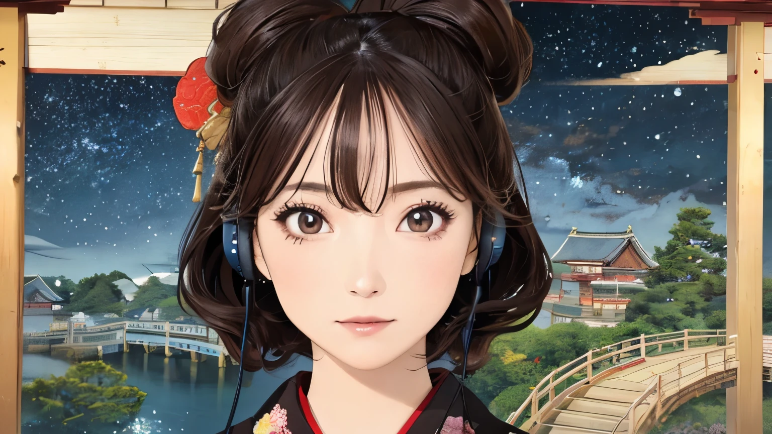 (Highest quality, 8k, masterpiece, High resolution), (whole body), Vibrant colors, (Japanese style headphones), Brown-black bob, Traditional topknot, Ample breasts, (Highly detailed face and eyes, Beautiful Face, Beautiful Eyes, Beautiful nose, Pretty lips), Official Art, Ukiyo-e style, (Beautiful woman in kimono), (Vivid floral patterned kimono), background, river, bridge, Mountain, wood, Starry Sky, moon, Detailed CG, 