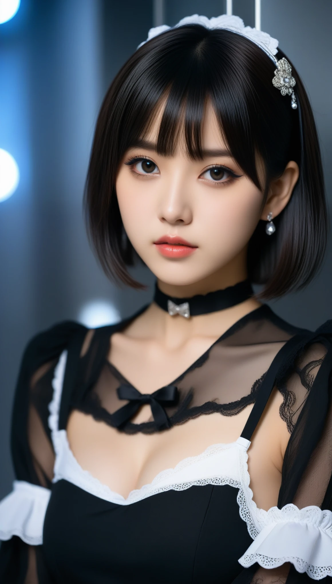 8k, Ultra-high resolution, Highest quality, masterpiece, 三分割法によるphotograph,Surreal, photograph, 1 Girl, (:1.3), pretty girl, Cute Face, Beautiful eyes in every detail, 細かくdetailedに,masterpiece,One Girl:1.2,Japanese female announcer,cowboy shot,Serious expression,Black short hair,Bob with bangs,Maid Android,((Fusion of Gothic Lolita and La fashion:1,bracelet, chest, choker, clavicle, Earrings,Futuristic cityscape ,Perfect and beautiful face ,完璧でCute Face, Skin with attention to detail, Perfect limbs、Narrow waist,Looking at the audience,(((Ideal body type))),Aカップの小さなchest :2,Portraiture:2,Perfect Anatomy,鮮明なdetailed,detailed,Surreal,Light and shadow,stage lights