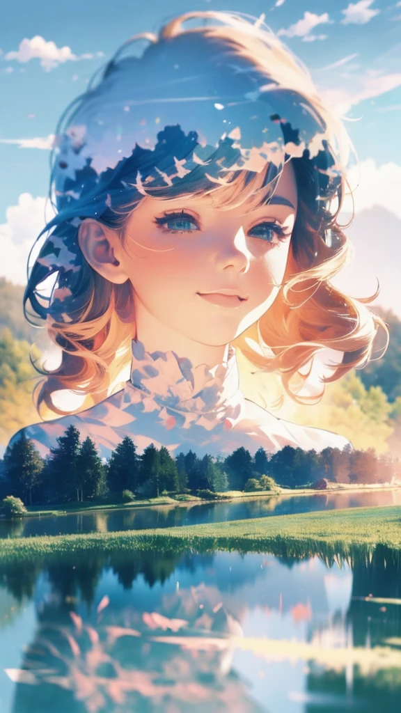 This unique image immerses you in a fantasy setting, Featuring a girl with a big smile, Her dress blends into the dreamy lakeside backdrop, Enhanced with stunning multiple exposure effects.