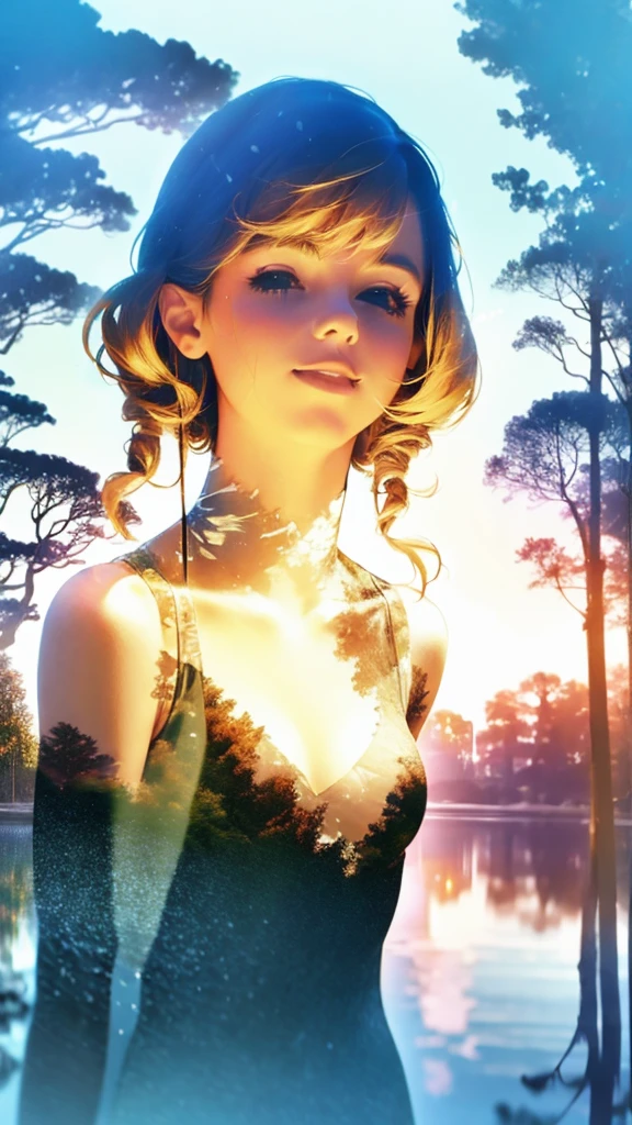 This unique image immerses you in a fantasy setting, Featuring a girl with a big smile, Her dress blends into the dreamy lakeside backdrop, Enhanced with stunning multiple exposure effects.