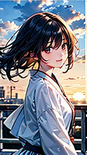 (Highest quality,masterpiece:1.3,Ultra-high resolution),(Very detailed,Caustics,8k),(Realistic:1.4,RAW shooting),Japanese,23 years old,cute,Are standing,(I'm looking at the camera with a smile on my face),Long black hair,Big Breasts,White blouse,Knee-length skirt,Strong winds,Hair blowing in the wind,rooftop,Backlight,sunset,sunset sky,Waist up shot,(Face Focus),(Face close-up),Low position,Low Angle,Natural light