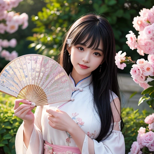 best quality, Delicate face，beautiful visual work, lifelike, eternity, black hair, Long curly hair, blunt bangs, Smile, 在flower园里, flower, Detailed Background, Delicate face，pink blush，cold，((masterpiece))、(top quality)、8k、high detail、Super detailed，21 years old female，Wearing Chinese cheongsam、Seductive and whimsical style、masterpiece、born、Scenes resembling fairy tale illustrations、intricate details和複雜的設計、Beautifully、magic、capricious、 Beautifully、Dream aesthetics、「𝓡𝓸𝓶𝓪𝓷𝓽𝓲𝓬、ethereal、charming、fickle、magic」、realism、Visual effects、FXAA、SSAO、Shader、voiceless、ambient lighting、Tone mapping、High resolution、Ultra high quality、Million pixels、(8K resolution:1.10)、8k、8k以下、8K resolution、high detail、intricate details， (high quality:1.2、masterpiece:1.2、:1.21)、(21 years old female:1.21)、(興奮地Smile)、(Surrounded by a dreamy atmosphere、Model diagram，full-body shot，Normal 2 feet，Don't show your fingers，Japanese folding fan held open in front of chest