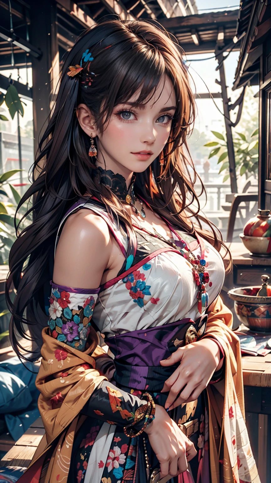(Absurd, High resolution, Super detailed), (One girl:1.3), Twin tails, Purple Hair, break , Glitch Art, Digital Distortion, Pixelated Fragments, Data Corruption, Colorful Noise, Visual clutter, contemporary aesthetics break , Enamel Art, Glass-like surface, Vibrant colors, Glossy finish, Reflective Texture, Richly pigmented, fluid forms break , Ethnic Style, Traditional attire, Vivid patterns, Handmade textiles, Cultural motifs, Beaded Jewelry, Artisan handmade accessories