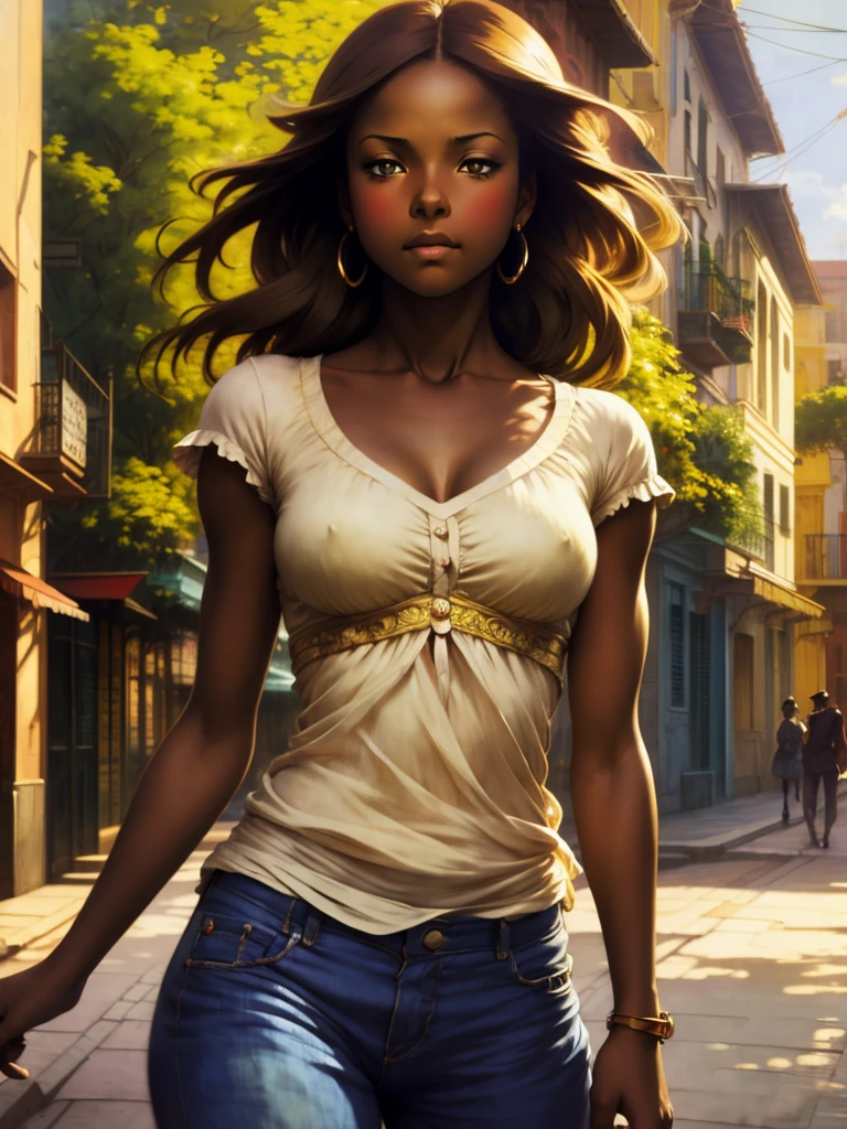 ((Solo Beautiful Caribbean woman with dark skin and striking eyes)),  shadowed interior background, art by akihiko yoshida, manga art style, colorfield illustration, Scary atmosphere, global illumination, by frank frazetta, art by goro fujita, glamour shot, pants and shirt, street dancing, banner, blur, anime key visual, (blue, yellow and grey colors), dramatic photo, anime girl, Intricate details, chiaroscuro, pino daeni, impressionist (best quality, masterpiece)