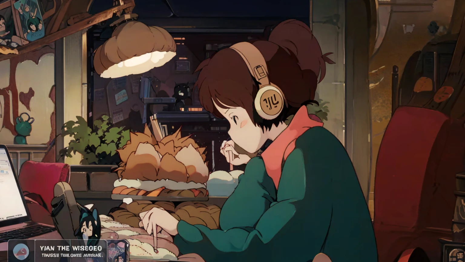 A cartoon character wearing headphones and sitting at a desk with a laptop, LOFI Girl, Lofi Artstyle, satoshi kon artstyle, Lofi Art, Ghibli anime style style, Anime movie screenshots, Ghibli anime style, LOFI Girl aesthetic, Chihiro! fujisaki, Lo-fi feeling, Ghibli Studio Anime Style, Studio Ghibli Anime Screenshots