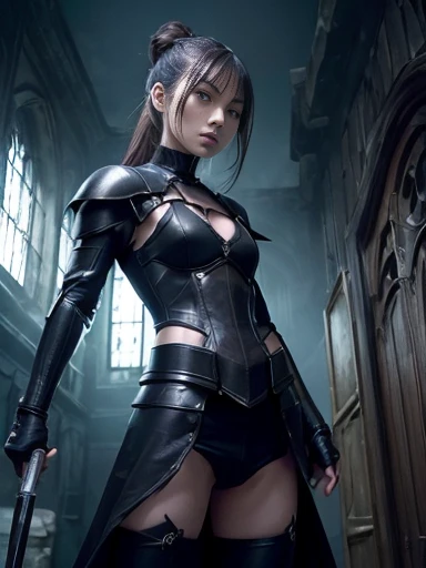Japanese female, (underweight), (flat chest best quality:1.5),
cathedral, (Thief:1.2), standing, hair bun, (machine armour:1.2), with a knife, (dark atmosphere), (mystical atmosphere), (dark academia), (gothic atmosphere), full body shot, (low angle shot:1.3)
