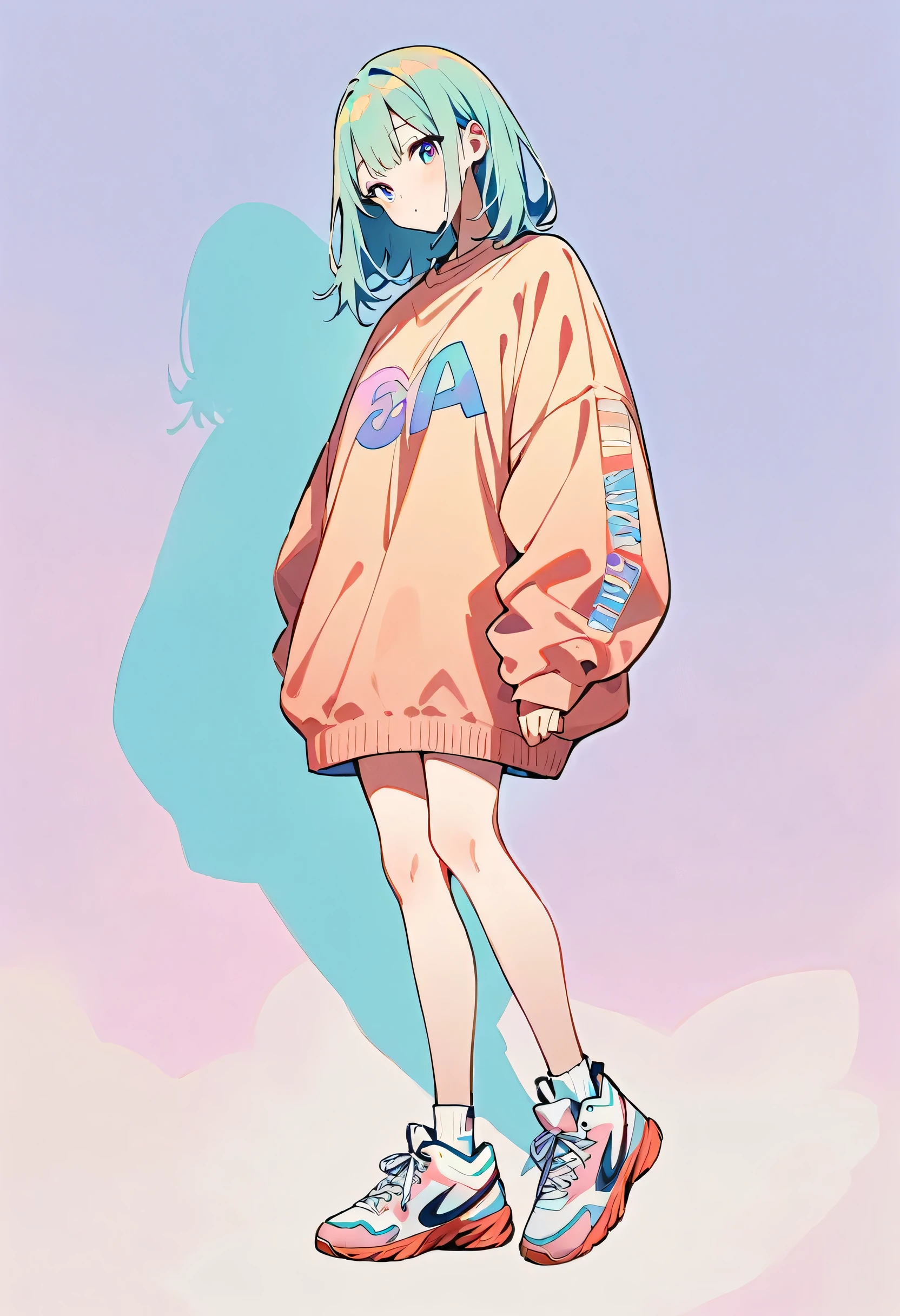 (masterpiece, Highest quality:1.2), 1 Girl, alone, A loose fitting jumper, short, Basketball Shoes, Ankle socks, whole body, pastel colour