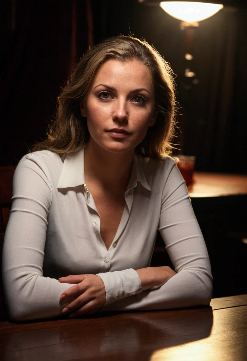 lisha Lehmann, sitting at a table. glare, realistic photo. Photo taken with a professional Cannon camera.. Unlimited good. night image. 8k, ultra detailed and realistic.